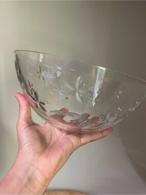 Tiffany and Co. 9 inch Diameter Glass Serving Bowl with Etched Flower Motif